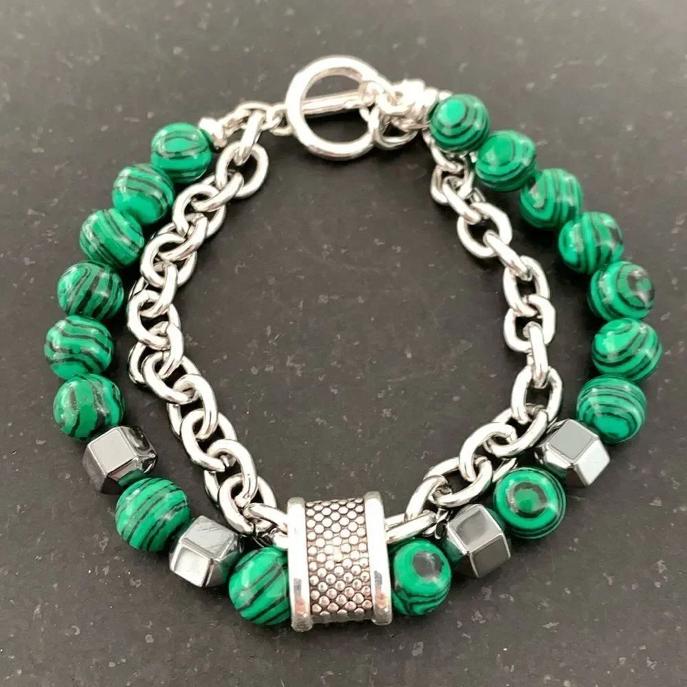Green & Black Double Strand Beaded Chain Bracelet